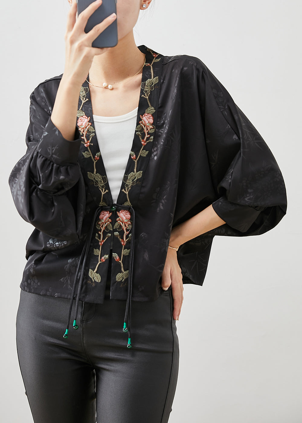 Black Embroideried Tasseled Silk Cardigan Spring