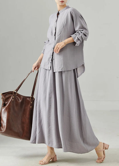 Grey Stand Collar Cotton Tops and Skirts Two Pieces Set Fall
