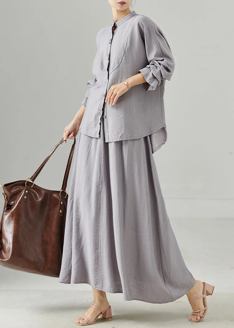 Grey Stand Collar Cotton Tops and Skirts Two Pieces Set Fall