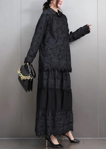 Black Lace Top and Maxi Skirts Two Pieces Set Peter Pan Collar Fall