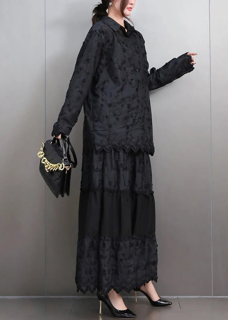 Black Lace Top and Maxi Skirts Two Pieces Set Peter Pan Collar Fall