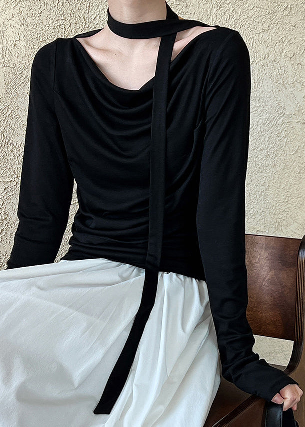 Black Wrinkled Cotton T Shirts Top Long Sleeve
