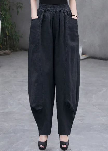 Beige Pockets Elastic Waist Linen Pants Summer