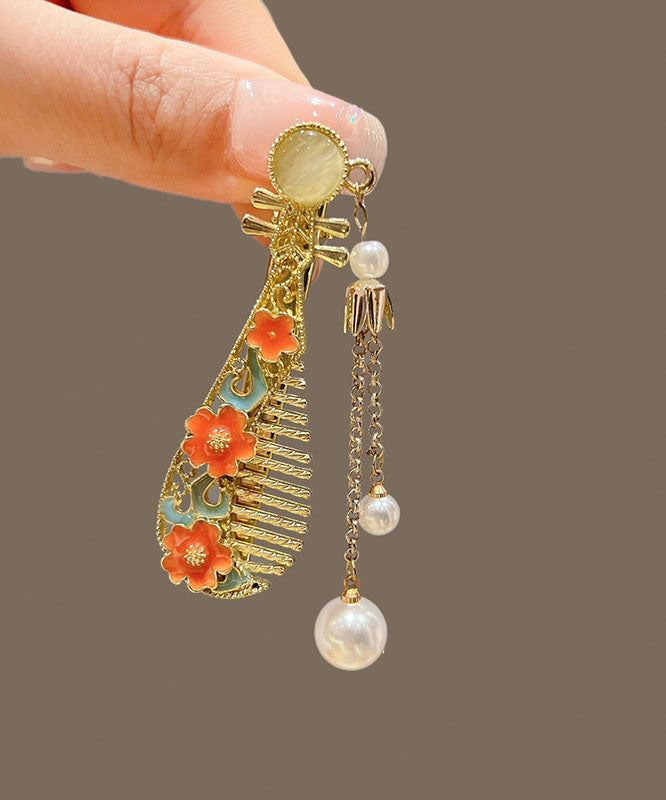Gold Metal Pearl Tassel Lute Hairpin