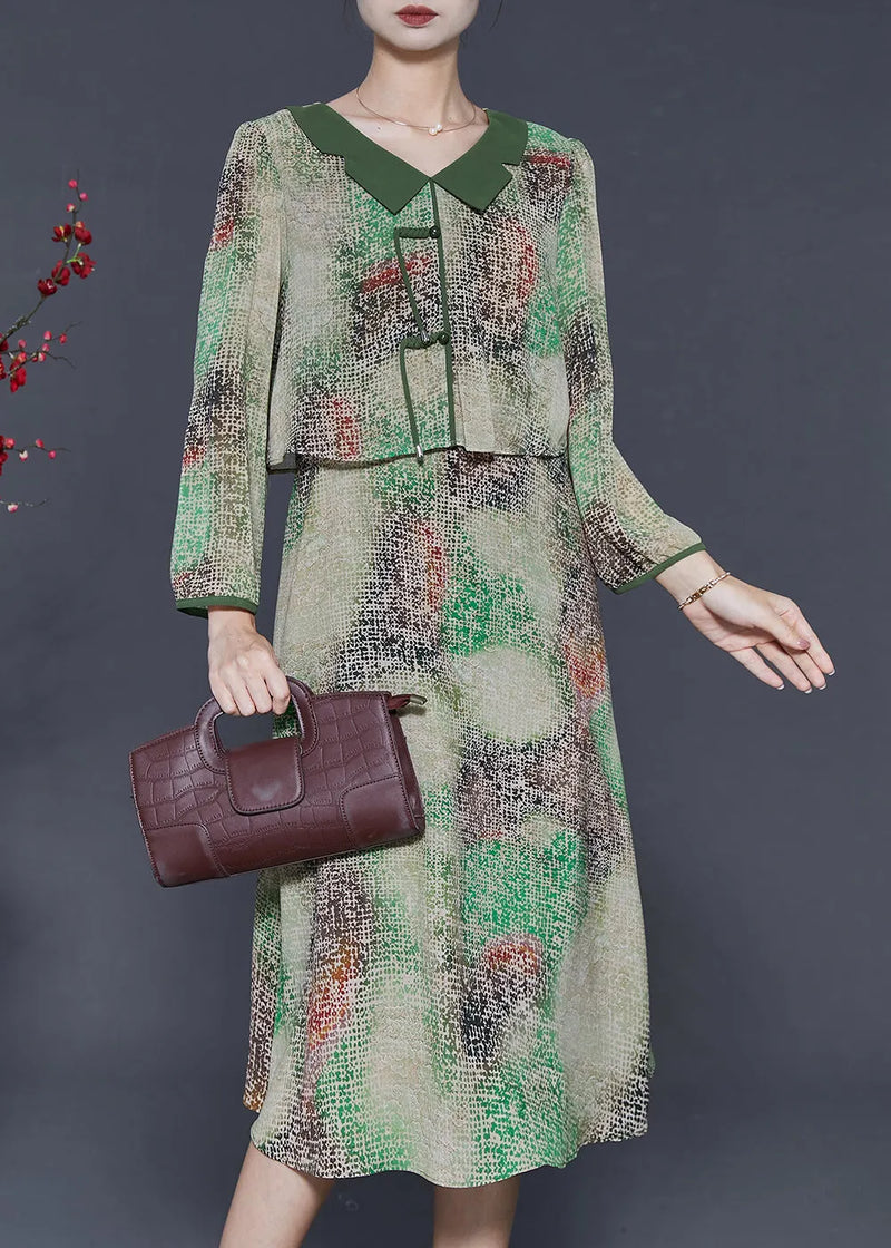 Green Tie Dye Chinese Button Chiffon Fake Two Piece Dress Spring