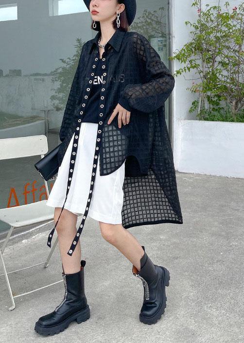 Natural Black Peter Pan Collar Low High Design Long Sleeve Shirt Top Summer