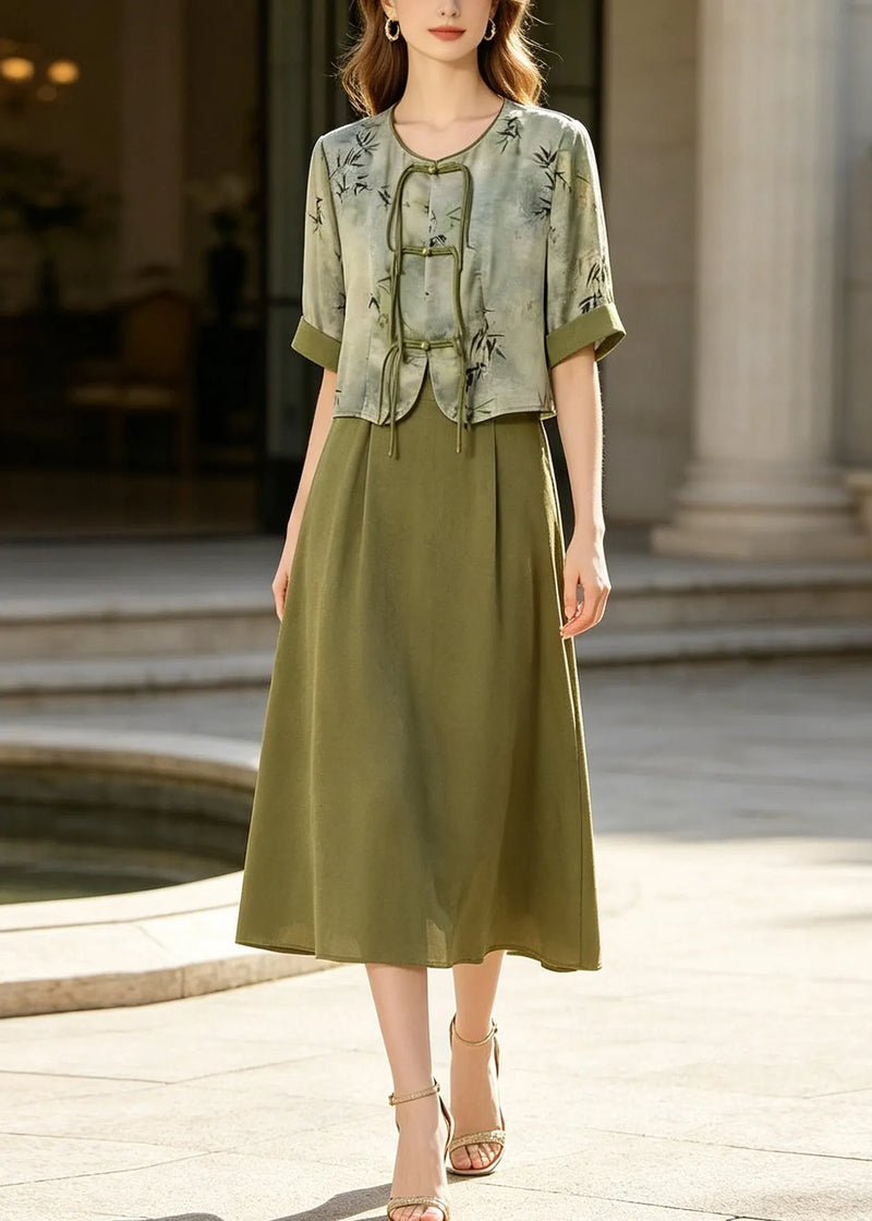 Retro Green Print Chinese Button Silk Dress Two Piece Set Summer