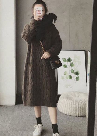 Loose Apricot O-neck Cozy Thick Cashmere Long Knit Sweater Dress Winter
