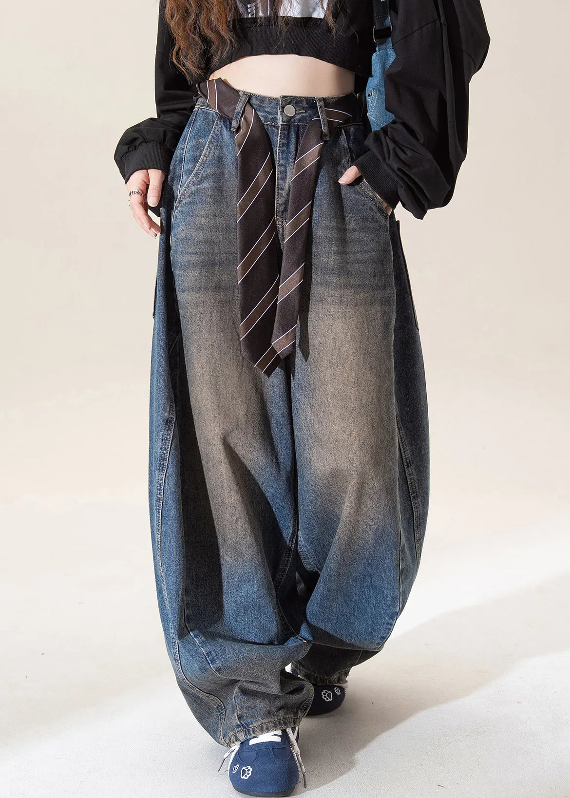 Dark Blue High Waist Pockets Wide Leg Jeans Spring