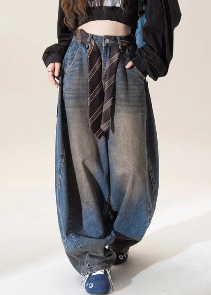 Dark Blue High Waist Pockets Wide Leg Jeans Spring
