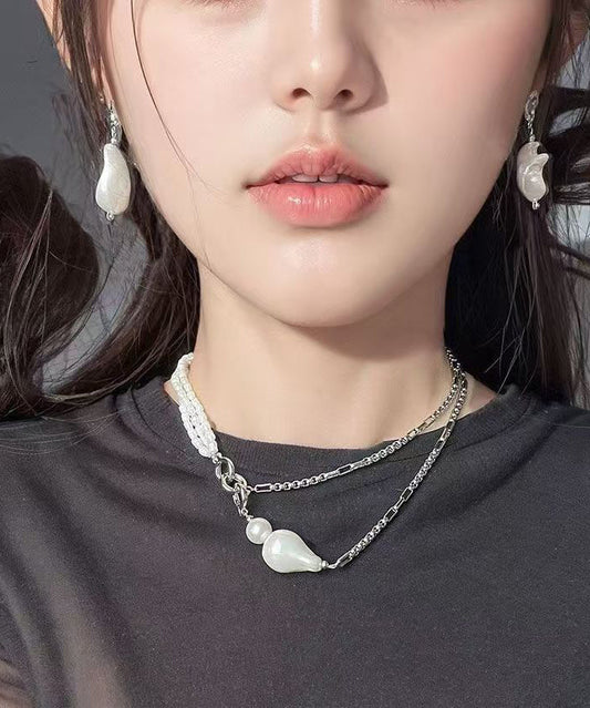 White Stainless Steel Pearl Chain Gratuated Bead Necklace