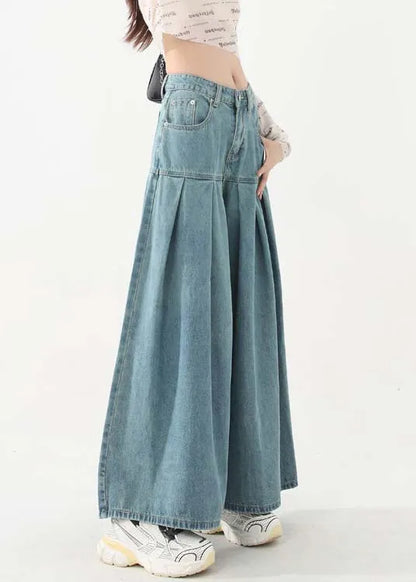 New Blue Pockets High Waist Denim Wide Leg Pants Spring