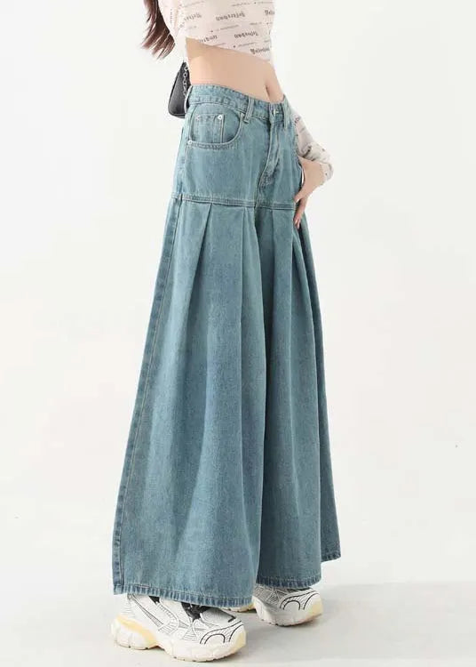 Original Design Blue Pockets Wrinkled Patchwork Denim Pants Skirt Spring