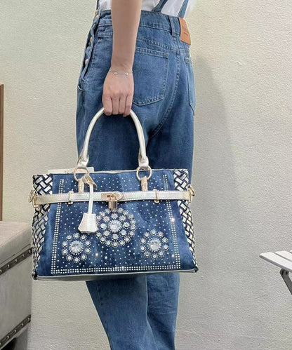 Navy Rhinestone Large Capacity Denim Tote Handbag