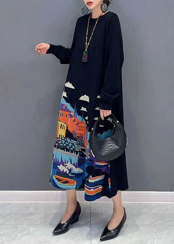 Black O-neck Print Knit Long Sweater Dresses Fall