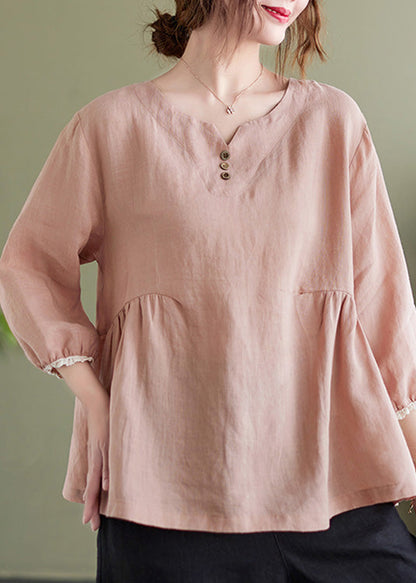 Brief Pink O-neck Wrinkled Button Top Long Sleeve