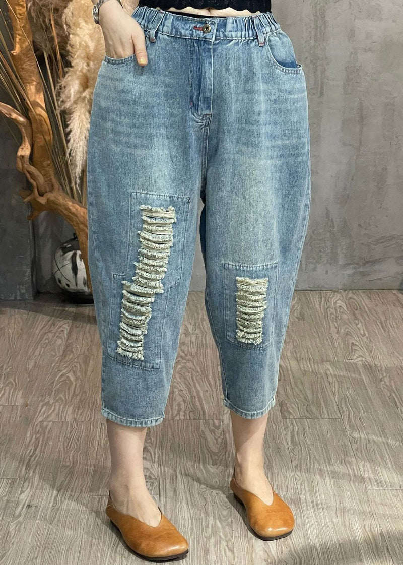 New Light Blue Hole Pockets Elastic Waist Denim Crop Pants Spring