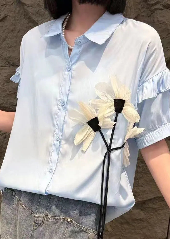 Modern White Peter Pan Collar Shirts and Denim Skirts Two Pieces Set Short Sleeve Summer