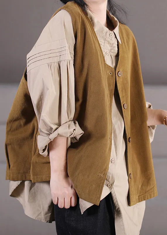 Natural Khaki V Neck Button Waistcoat Fall