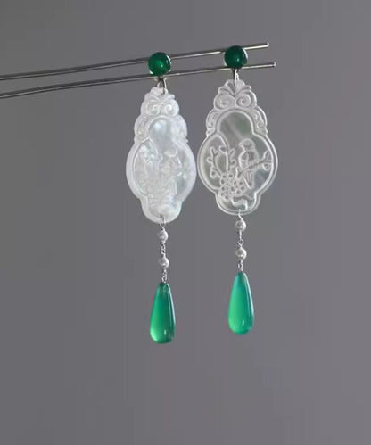 Green Copper Jade Flowers and Birds Water Droplet Drop Earrings