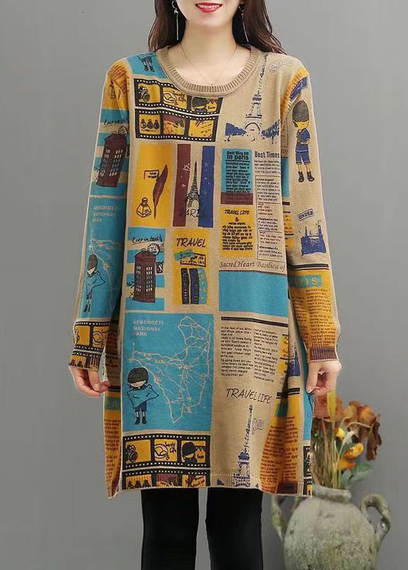 Camel O Neck Print Patchwork Warm Fleece Mid Dress Winter