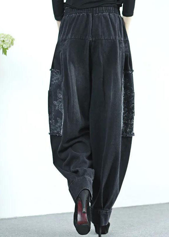 Black High Waist Pockets Wrinkled Patchwork Applique Cotton Harem Pants Fall