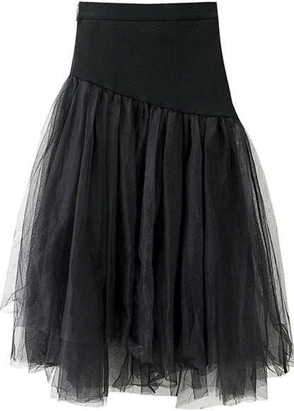 Black High Waist Asymmetrical Patchwork Tulle Skirt Summer