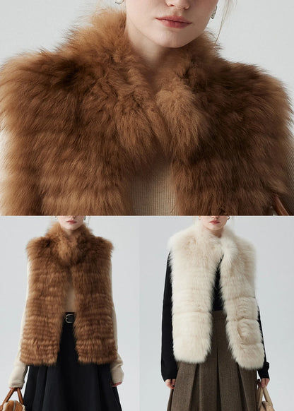 Stylish Brown Stand Collar Pockets Leather and Fur Waistcoat Sleeveless