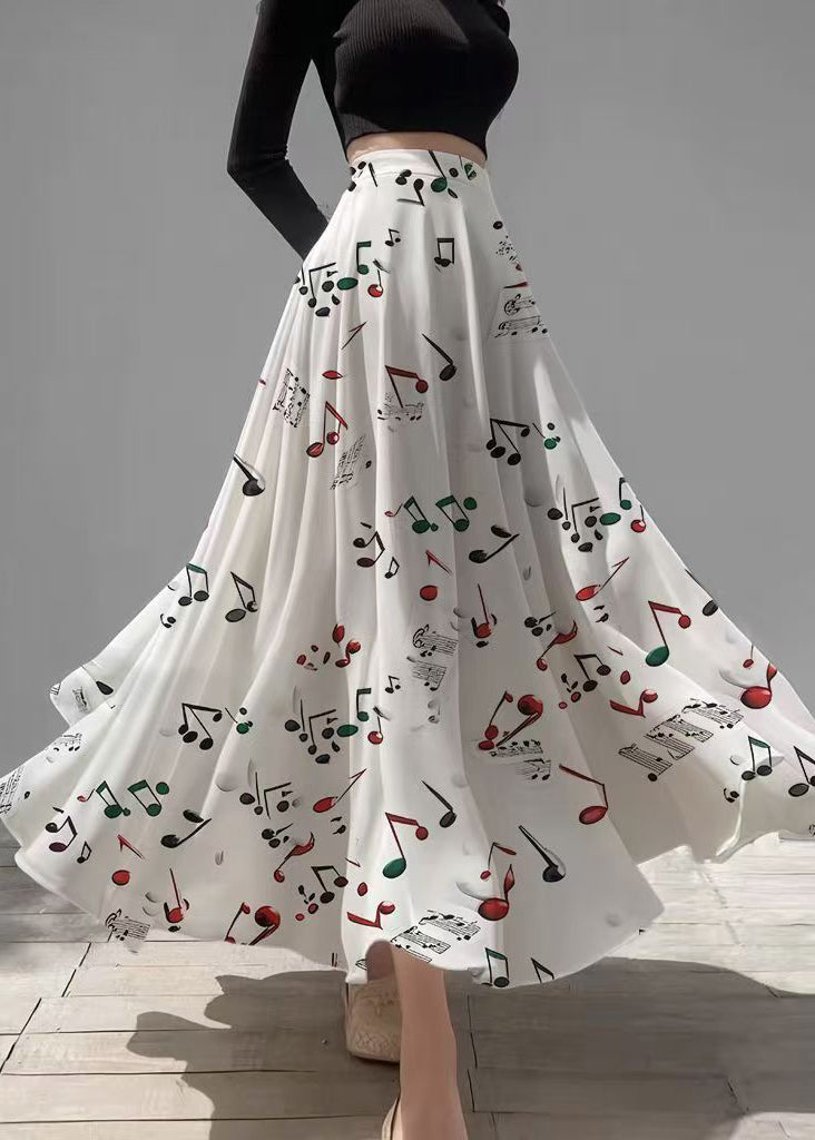 White Musical Note Print Chiffon Skirts Holiday Summer