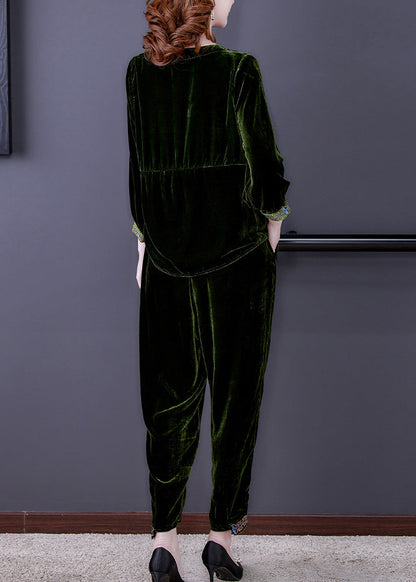 Simple Green Patchwork Silk Velour Pullover and Harem Pants Two Piece Set Fall