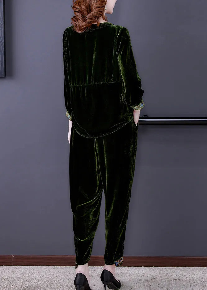 Simple Green Patchwork Silk Velour Pullover and Harem Pants Two Piece Set Fall