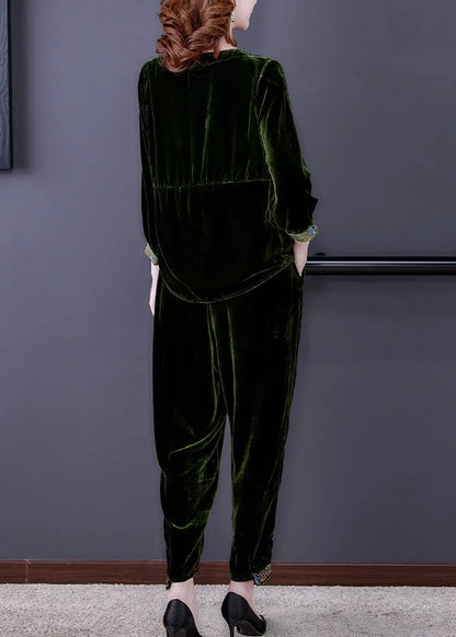 Simple Green Patchwork Silk Velour Pullover and Harem Pants Two Piece Set Fall