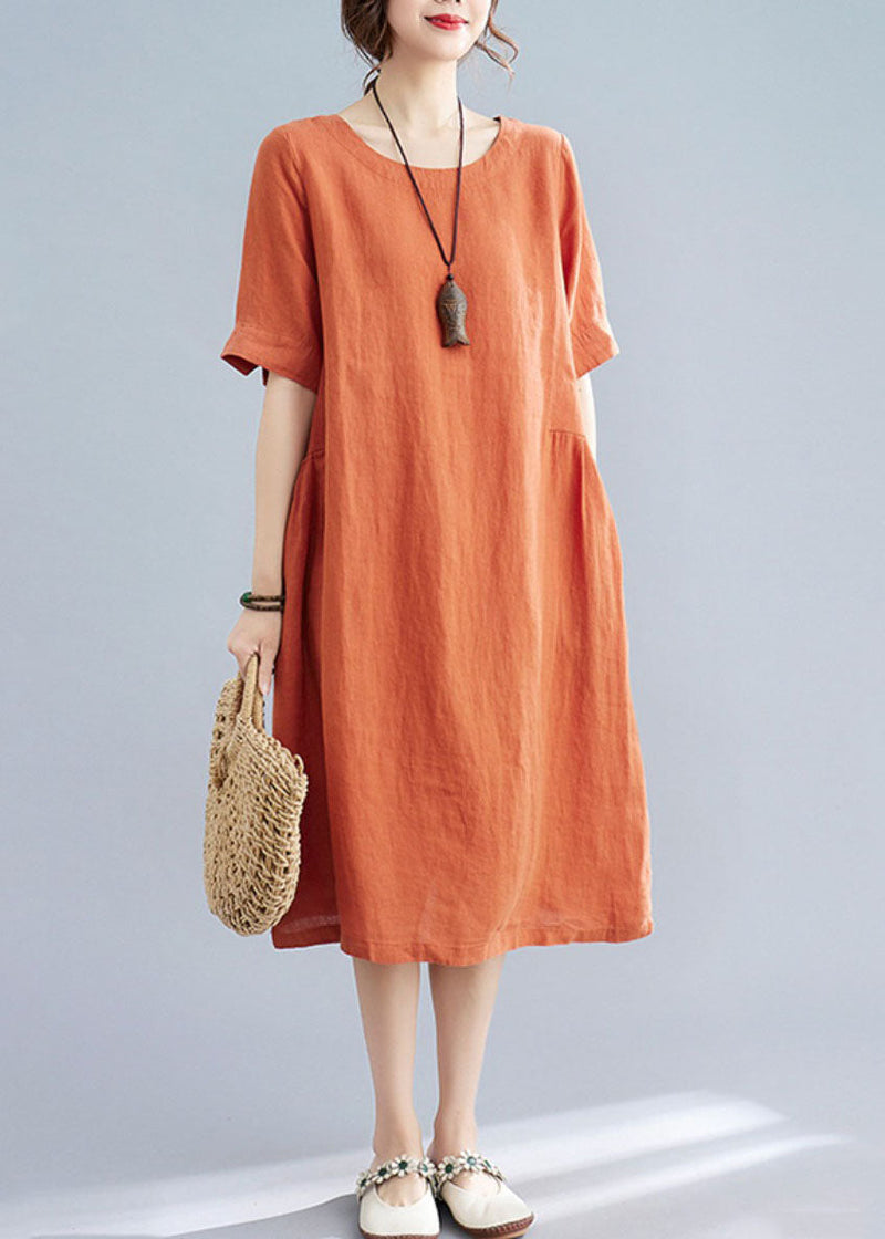 Orange O Neck Wrinkled Patchwork Cotton Dress Summer