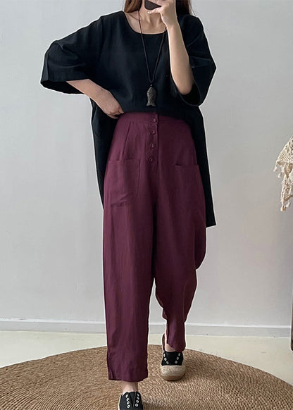 Purple High Waist Button Down Cotton Pants Trousers Fall