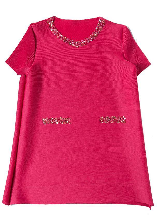 Fine Rose O-neck Nail Bead Summer Mid Dress