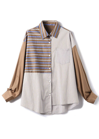 Coffee Peter Pan Collar Patchwork Striped Cotton Shirts Spring