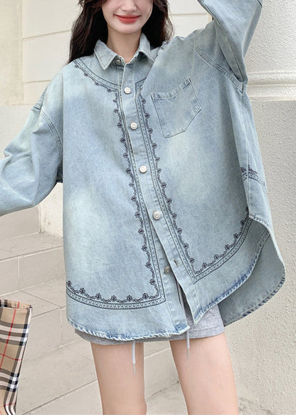 Loose Blue Embroidered Button Pockets Denim Coats Fall