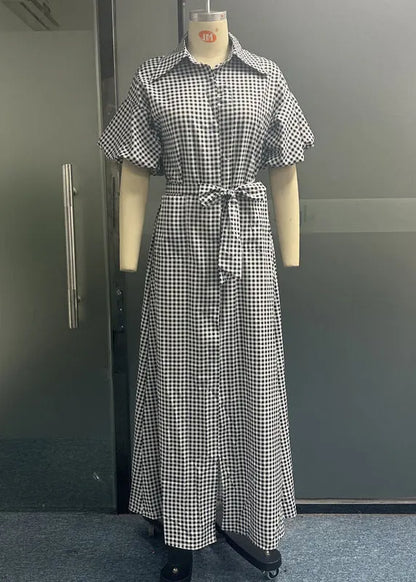 Grey Plaid Tie Waist Long Dresses Summer