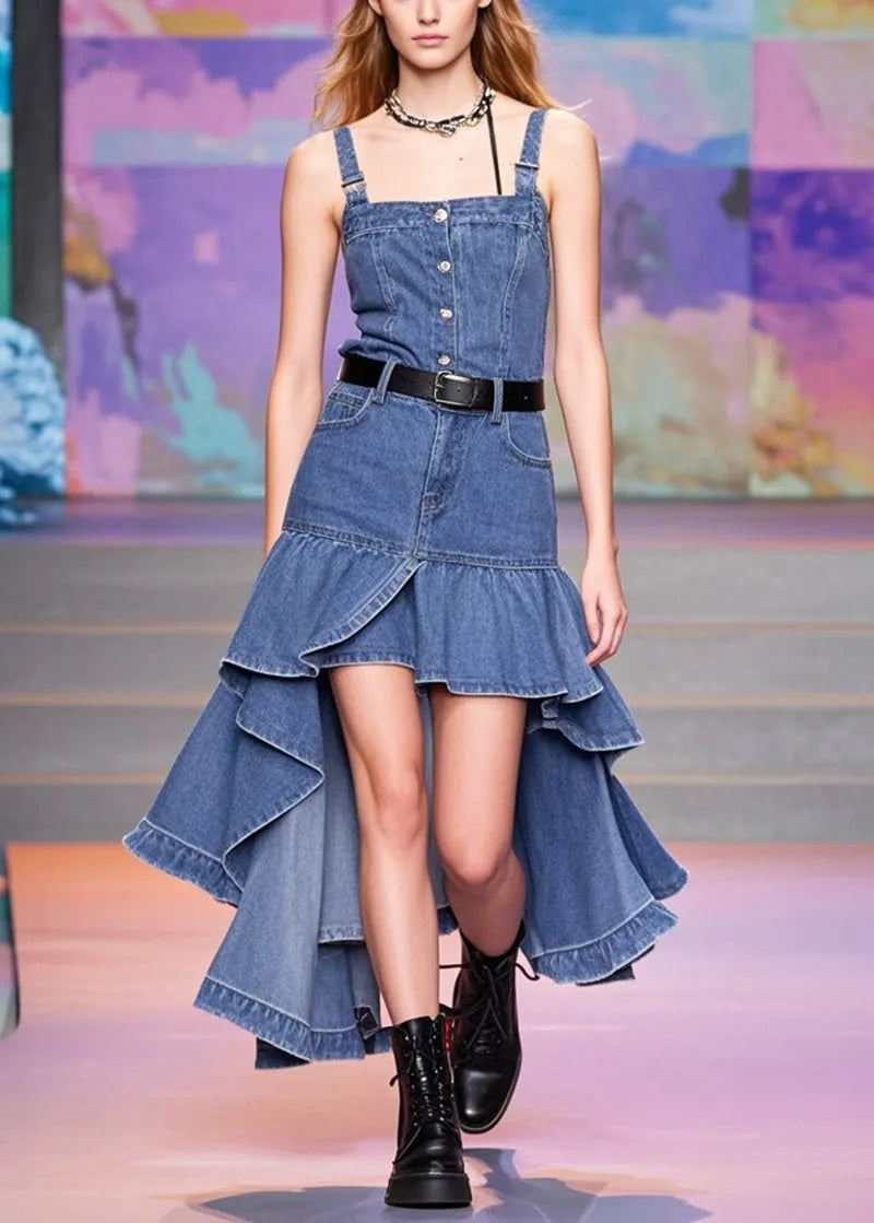 Blue Asymmetrical Patchwork Denim Wraped Skirts Spring