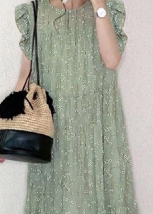 Green O-neck Ruffled Print Holiday Long Dress Summer