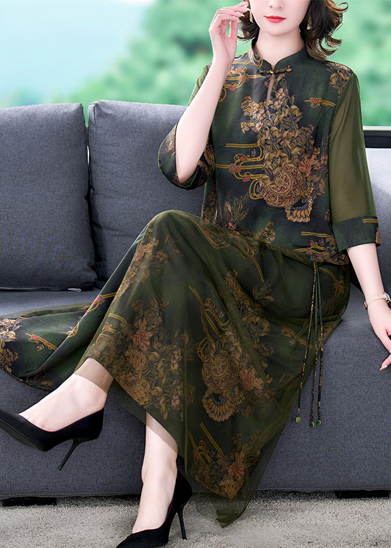 Green Stand Collar Tasseled Embroidered Silk Two Pieces Set Summer