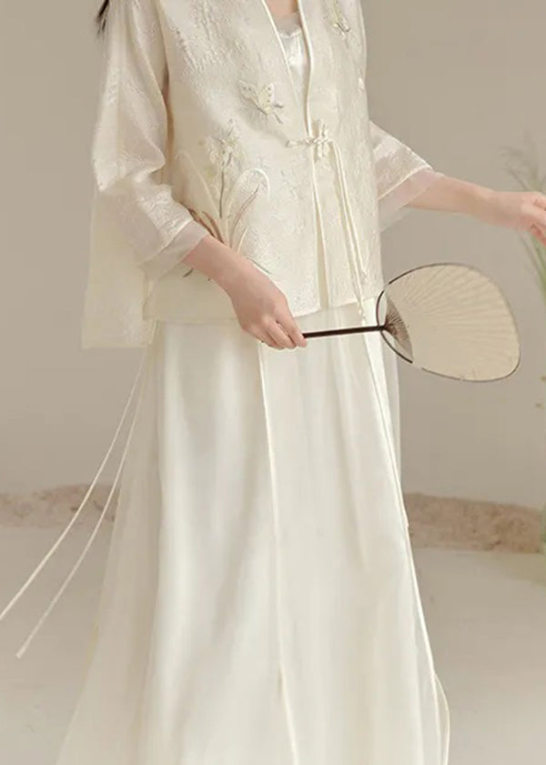 Chinese Style White V Neck Embroideried Tasseled Silk Two Piece Set Outfits Fall