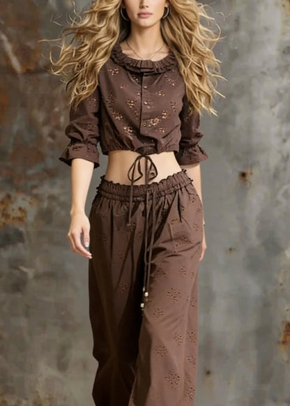 Coffee Lace Up Ruffled Cotton Two Pieces Set Spring
