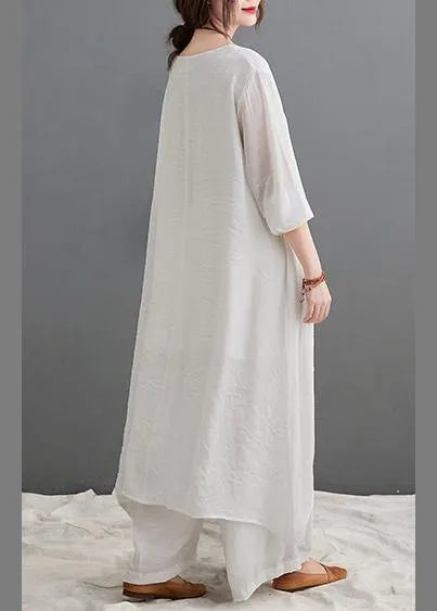 Large Size Loose Art Long White Top Wide Leg Pants Two Piece Suit for