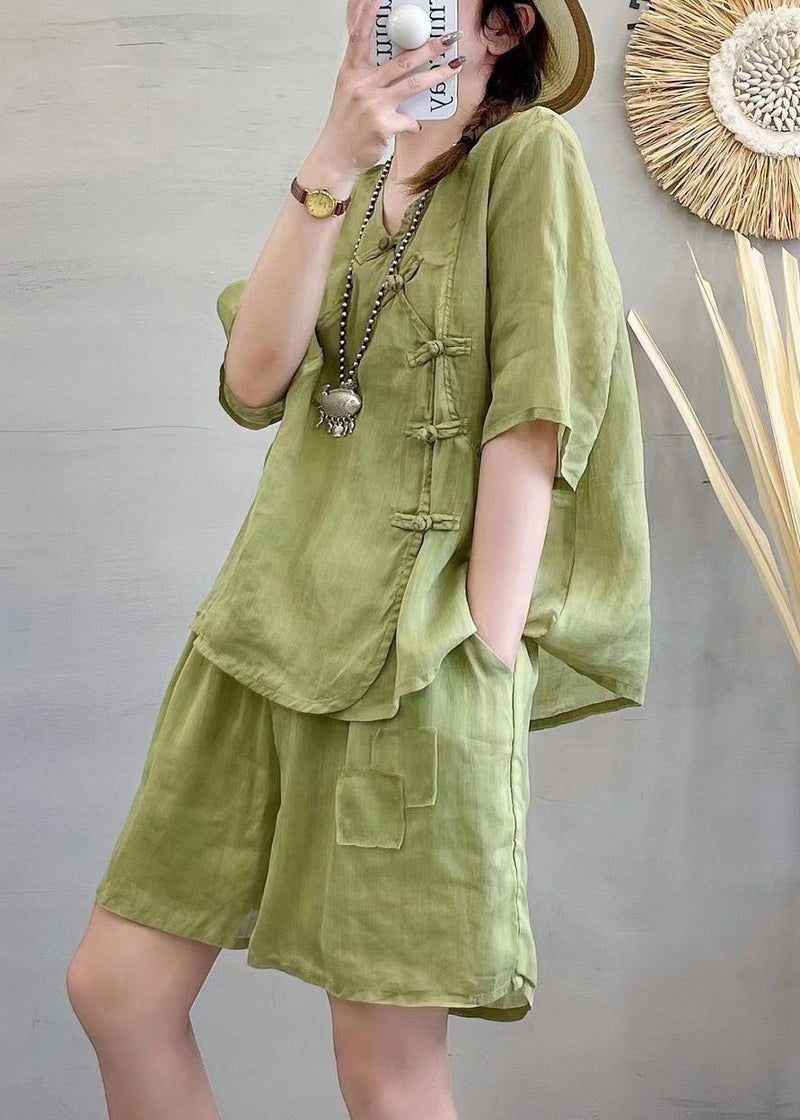 New Green V Neck Button Linen Two-piece Set Summer