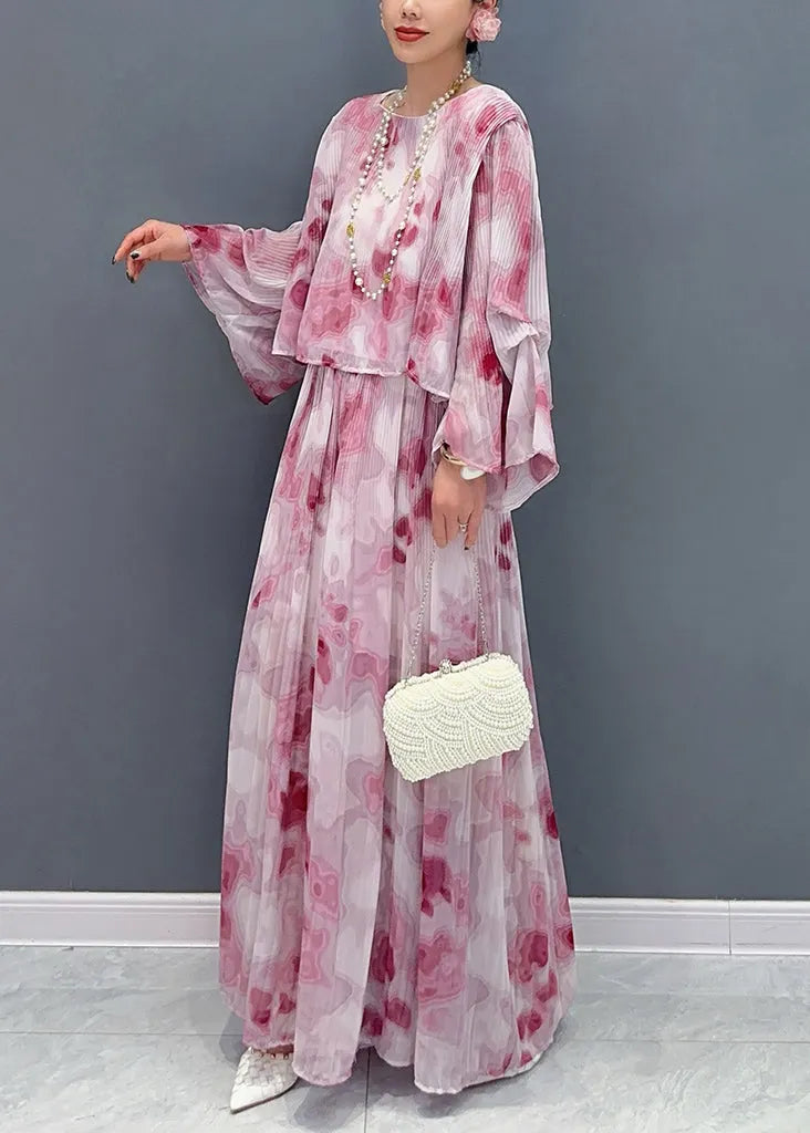 Red O-neck Chiffon Shirts and Maxi Skirts Two Pieces Set Fall