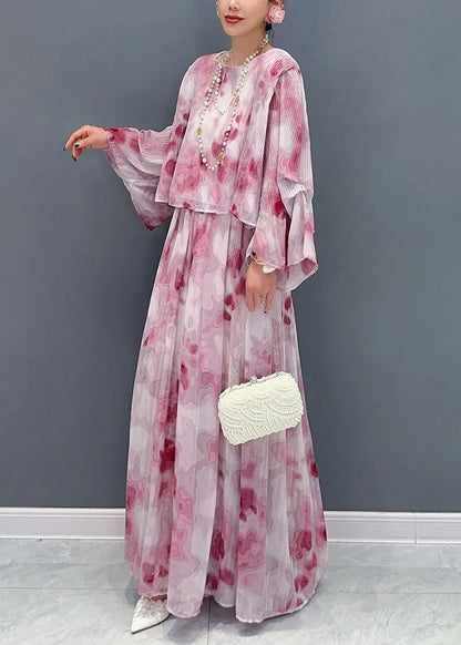Red O-neck Chiffon Shirts and Maxi Skirts Two Pieces Set Fall