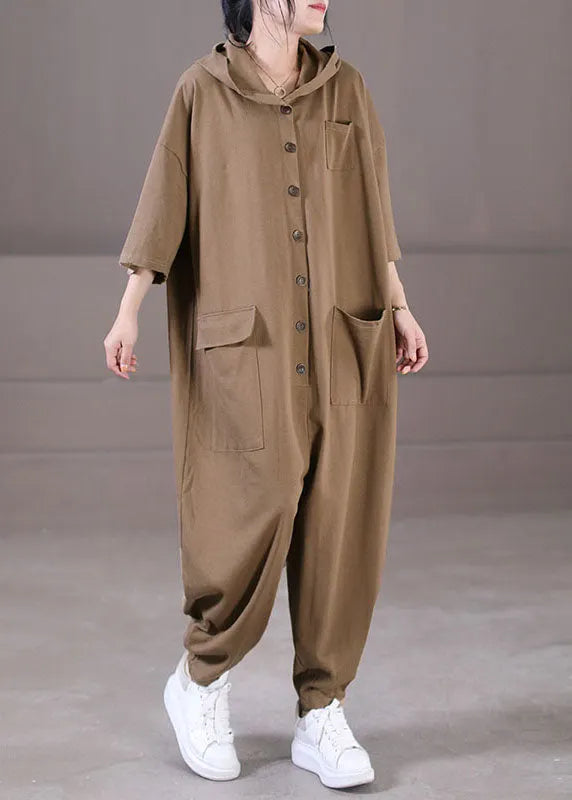 Loose Grey Hooded Pockets Color Button Cotton Jumpsuit Short Sleeve