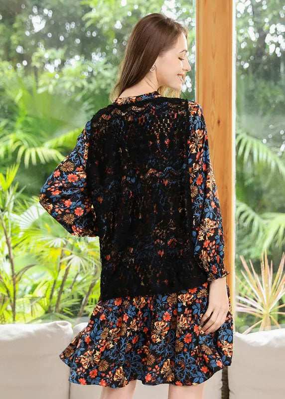 Style Black V Neck Print Chiffon Shirt Dress and Vest Two Piece Set Spring