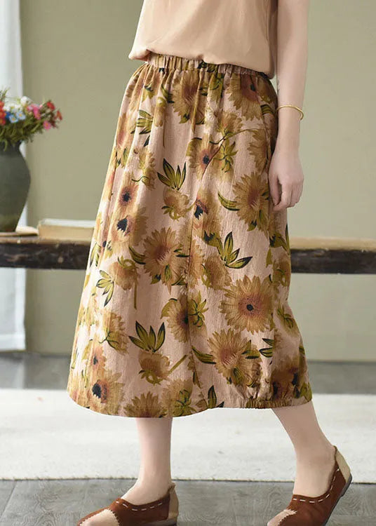 Yellow Print Linen a Line Skirts Pockets Print Summer
